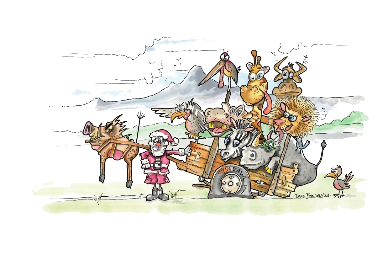 Santa with a menagerie of African animals in a cart, by David Banfield