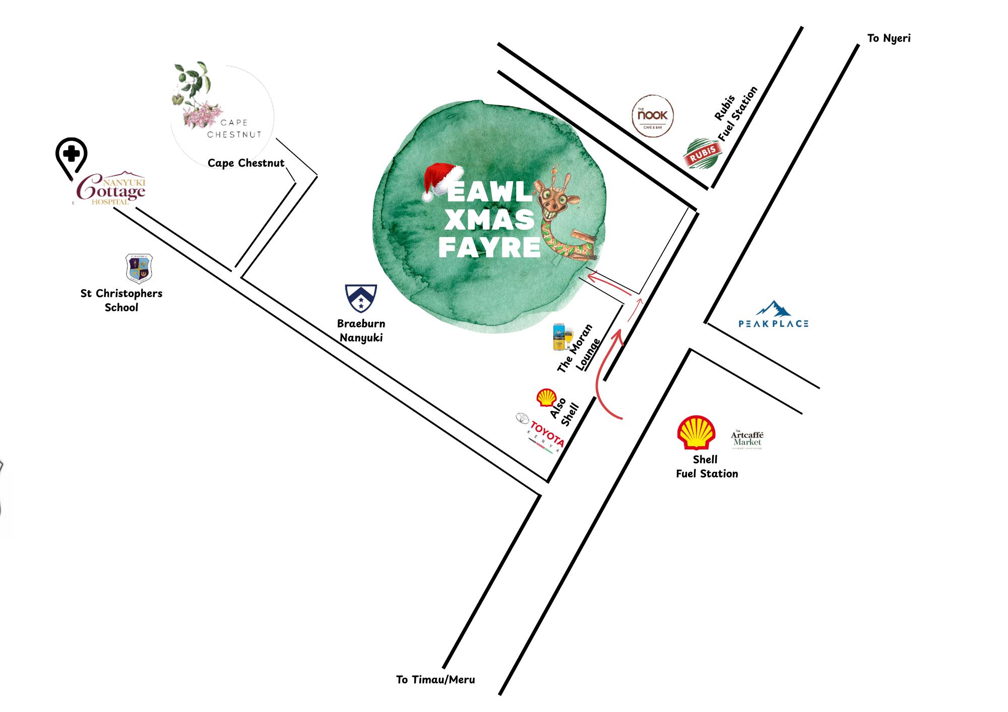 Hand-drawn directions to the EAWL Christmas Fair venue, showing the Moran Lounge turn-off entry