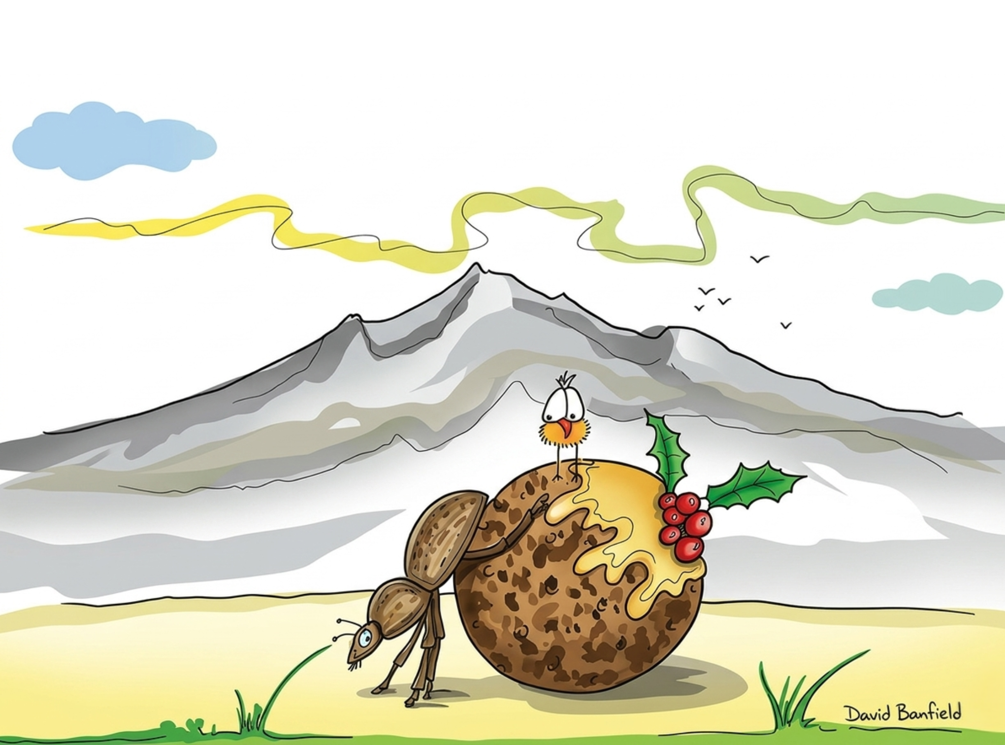 Dung beetle with a Christmas pudding, by David Banfield