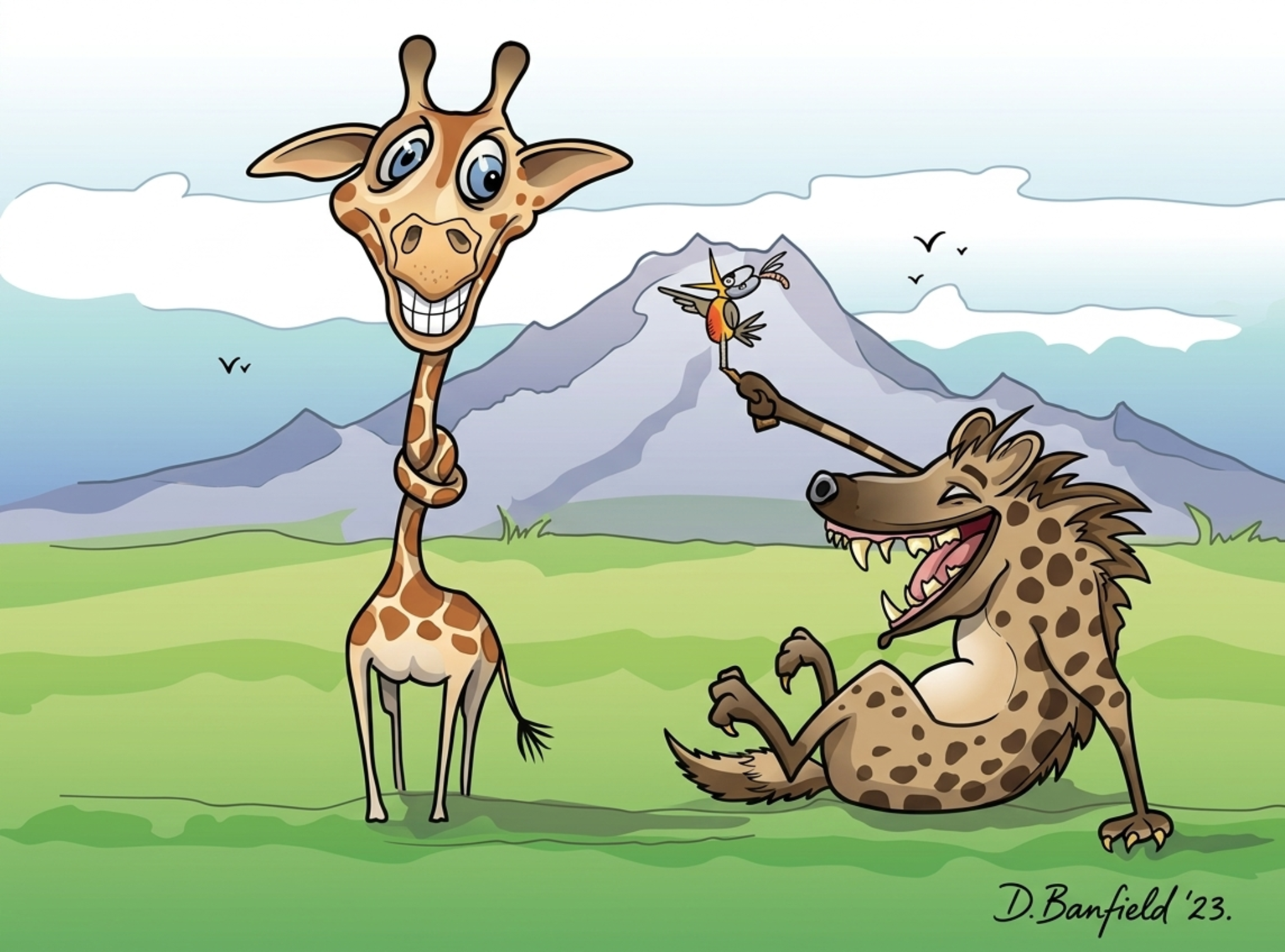 A giraffe and laughing hyena, by David Banfield
